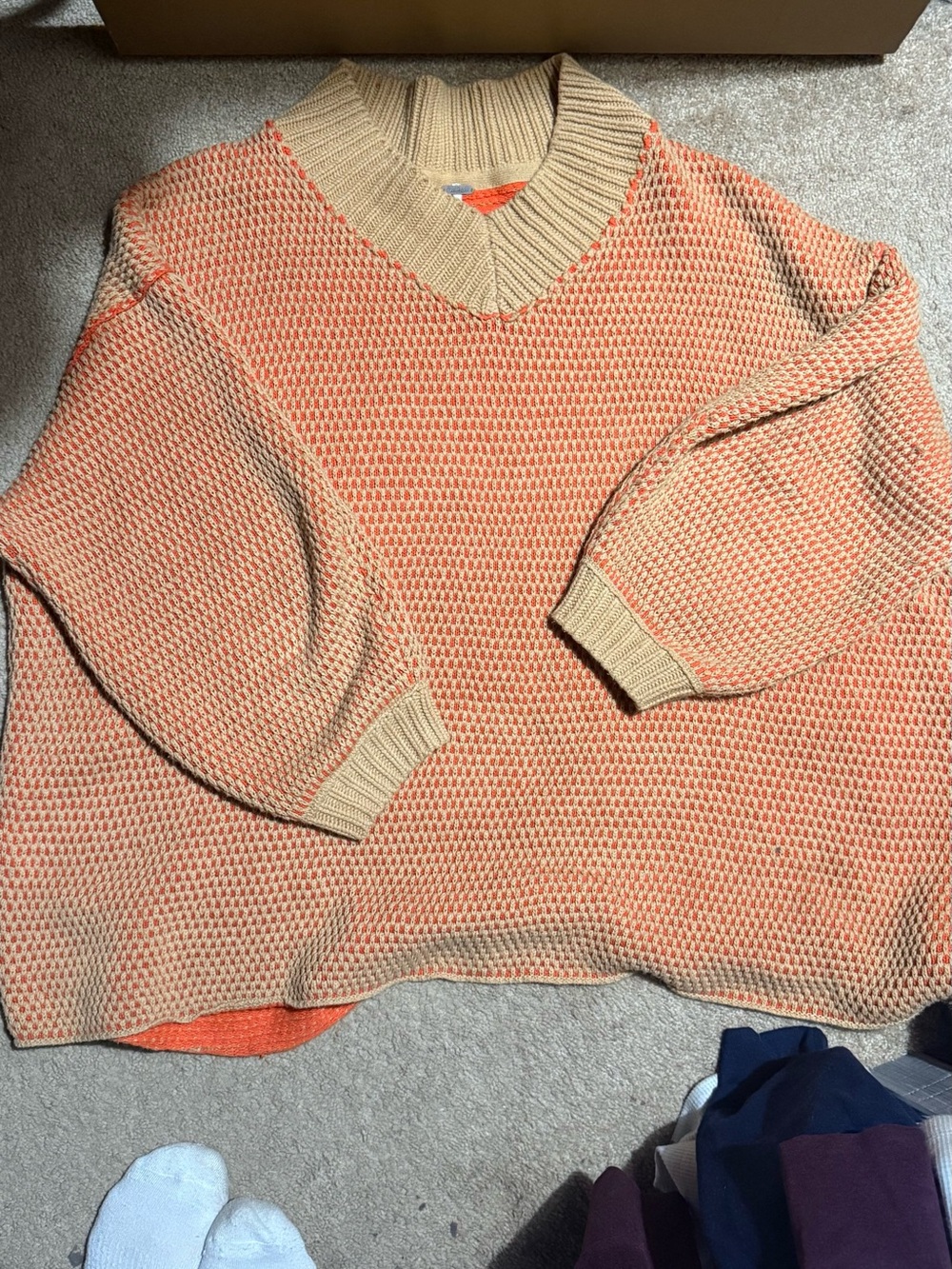 Free People Two-Tone Cream & Orange V-Neck Sweater
